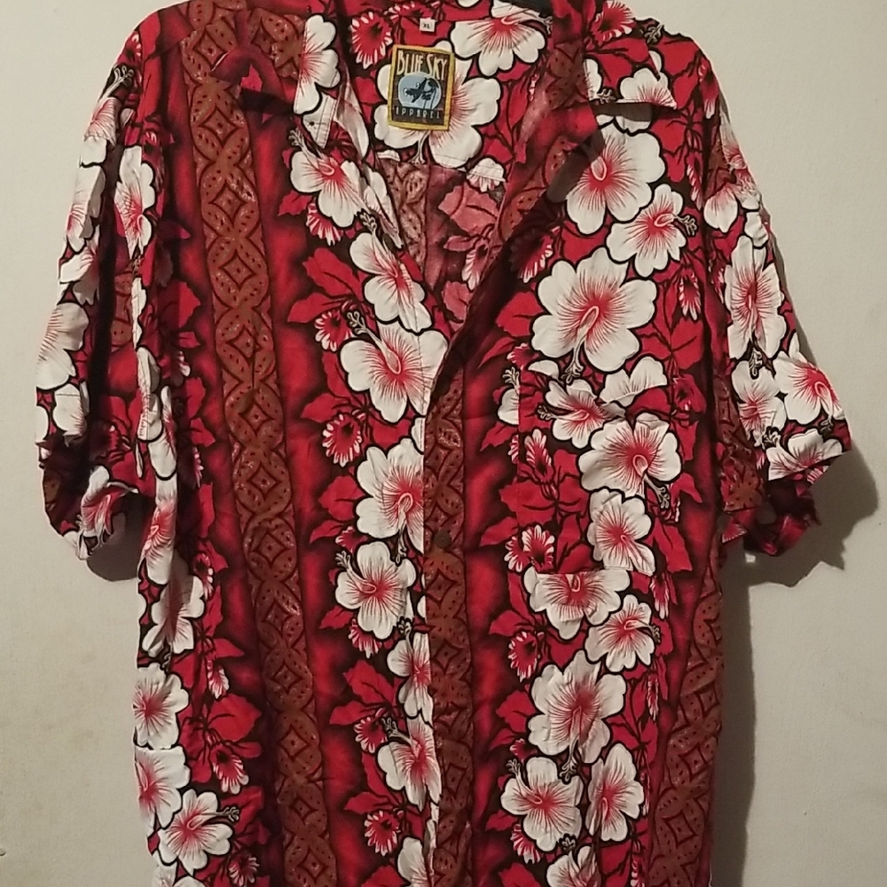 Blue Sky Red Floral Hawaiian Shirt